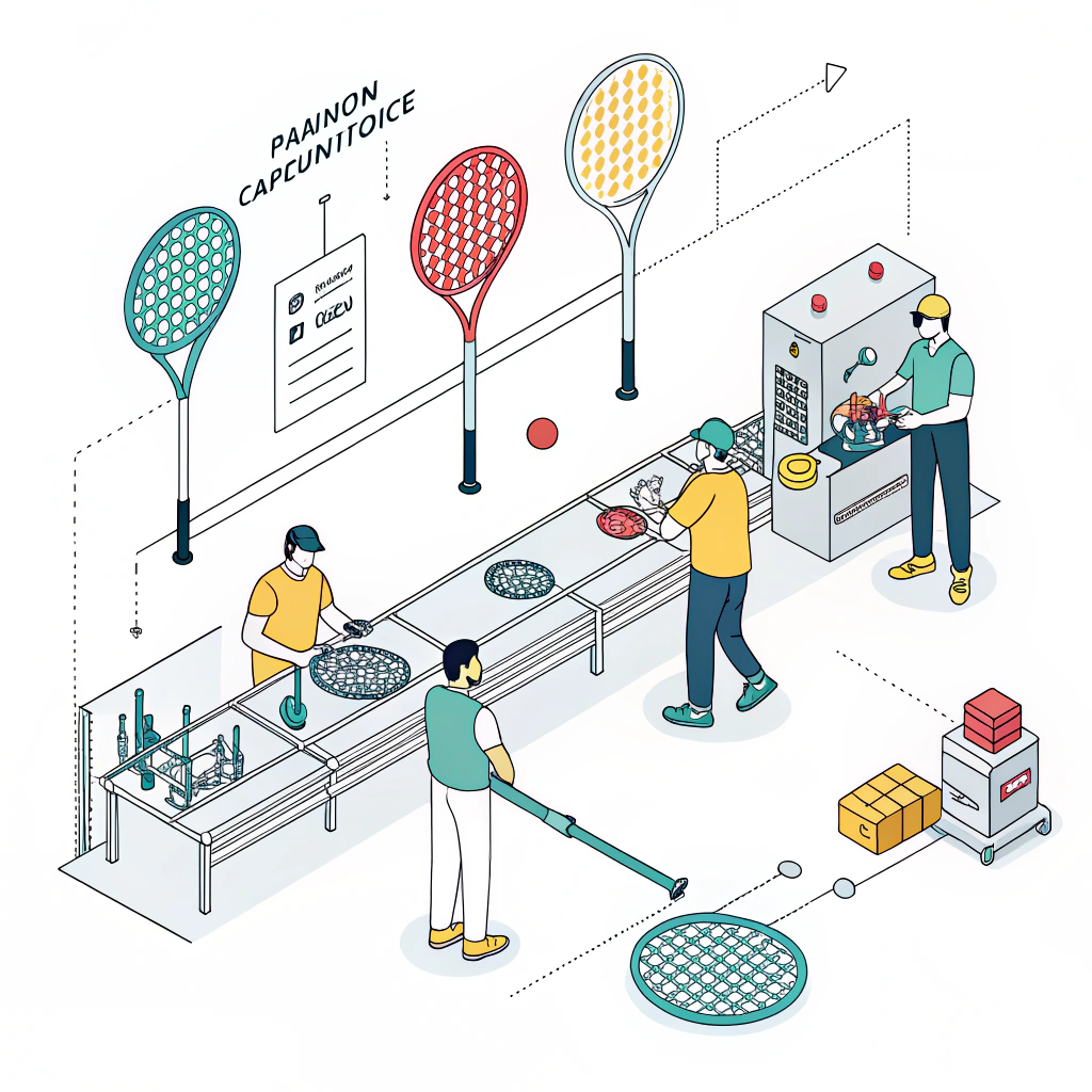 Minimal 2D art showing advanced padel racket production with layered fibers and precision molding