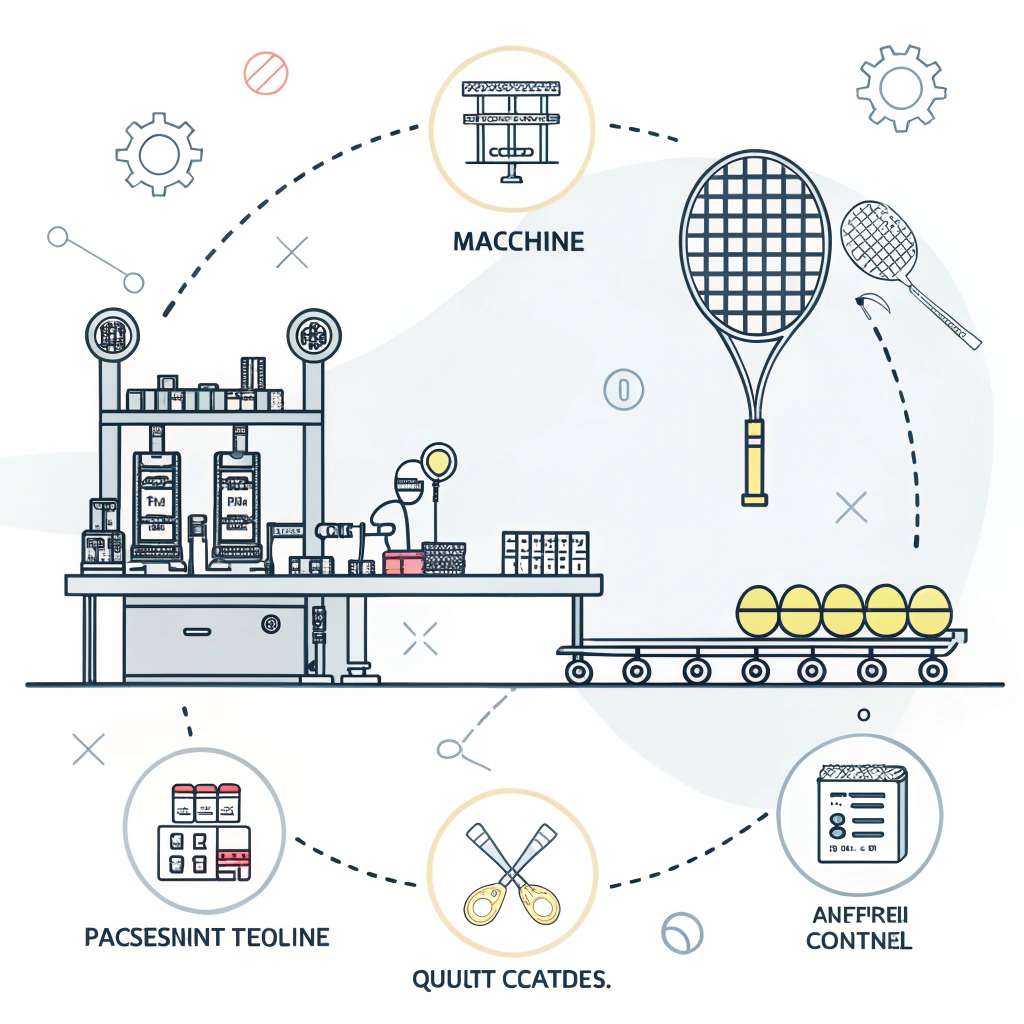 2D minimalist illustration depicting a streamlined production process and quality control for padel rackets