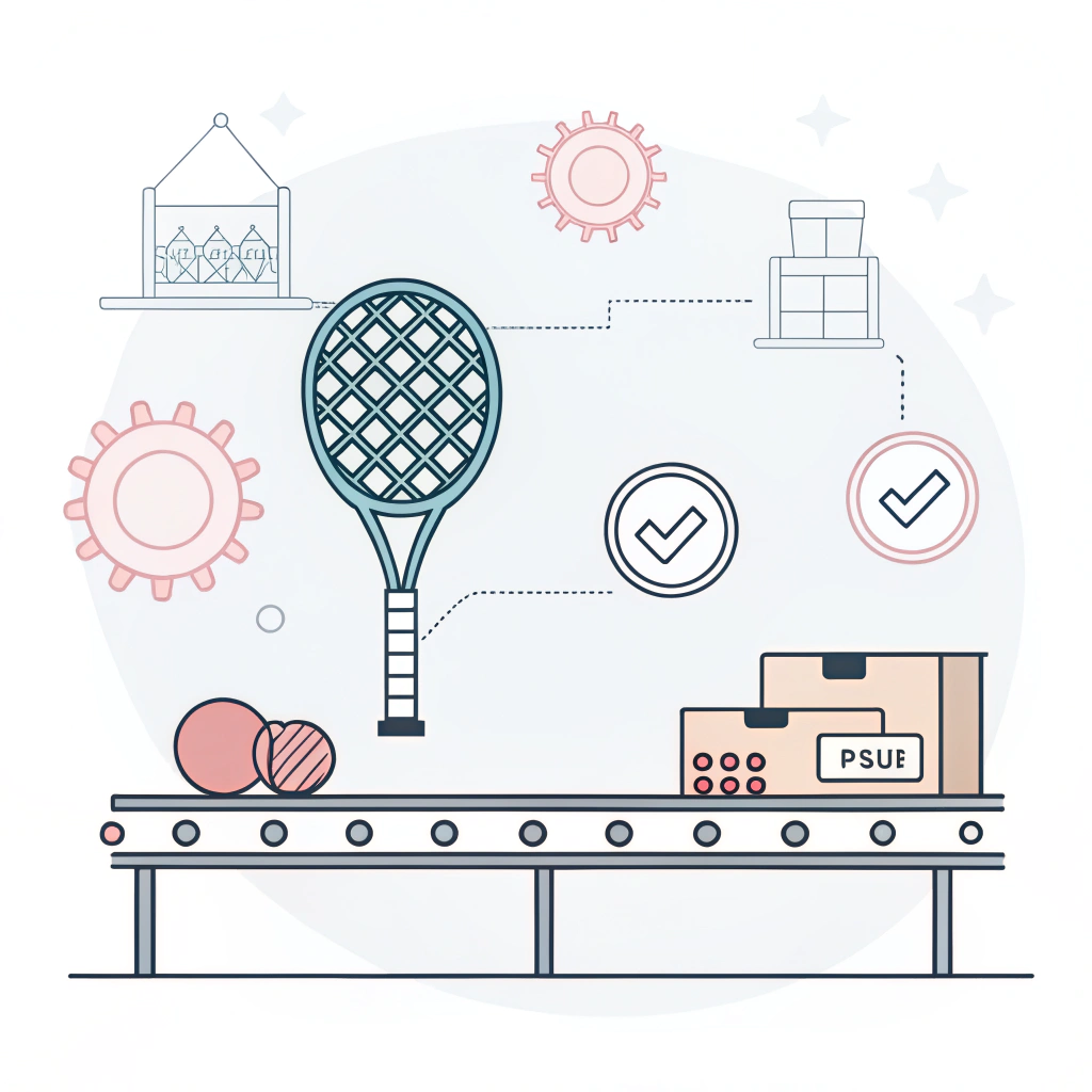 flat illustration showing a simplified padel racket production process with quality control elements
