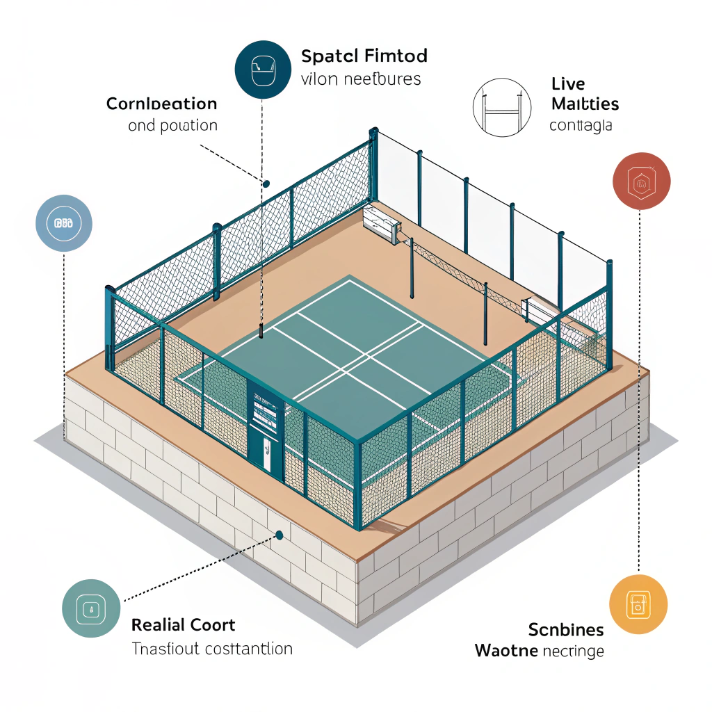 Minimalist illustration showing technical details of padel court construction elements