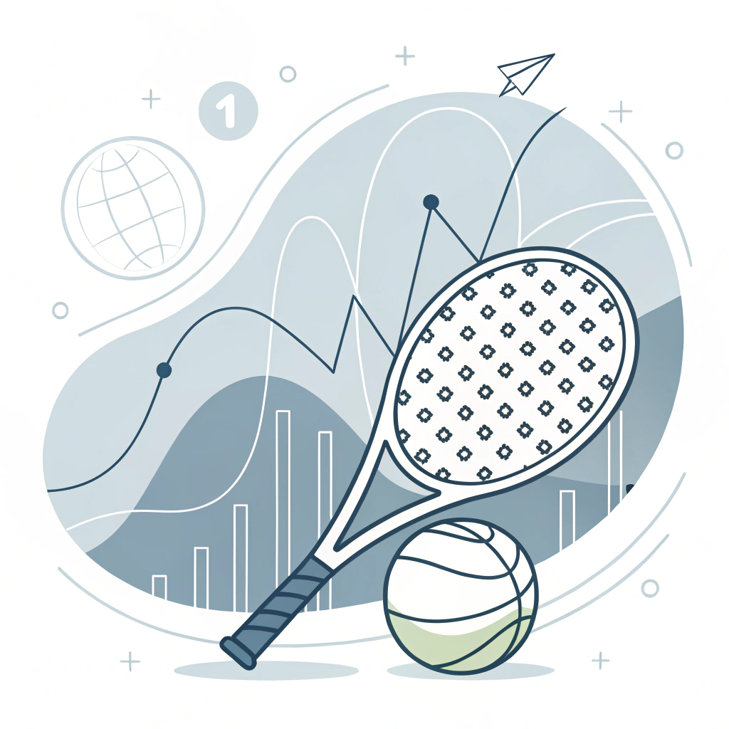 Minimalist 2D depiction of a padel racket and ball with abstract data elements symbolizing market trends.
