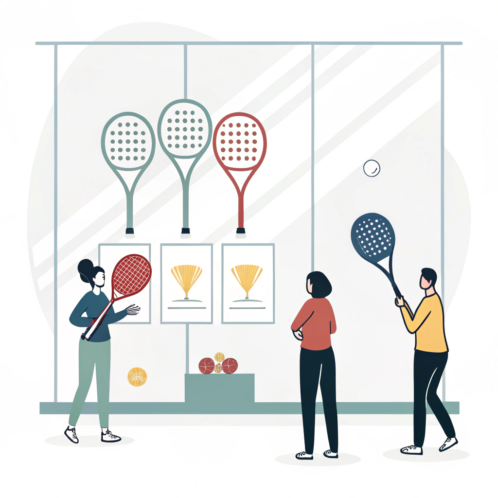 Clean minimalist illustration of a padel club with rackets and people