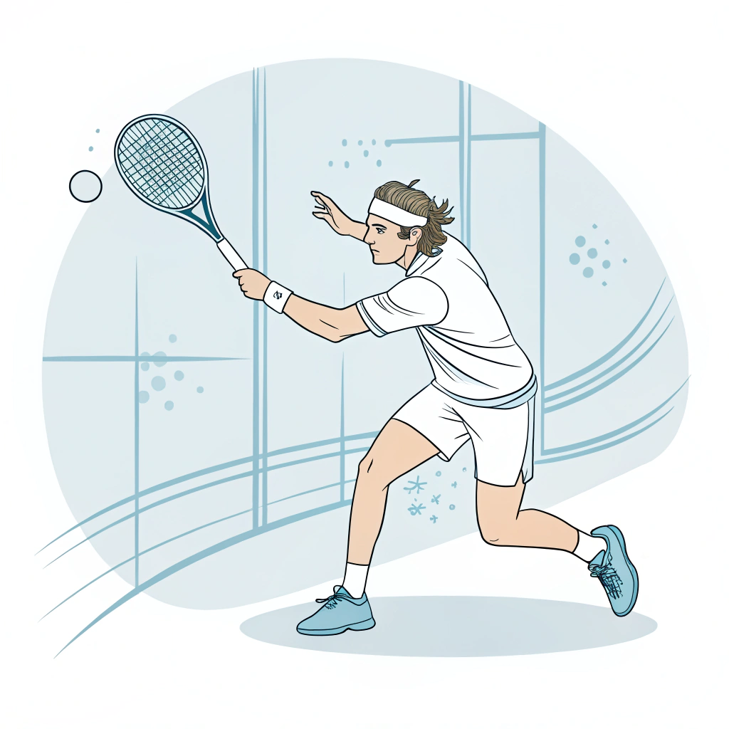 Minimal flat illustration of a padel racket in dynamic action on a court demonstrating precise control