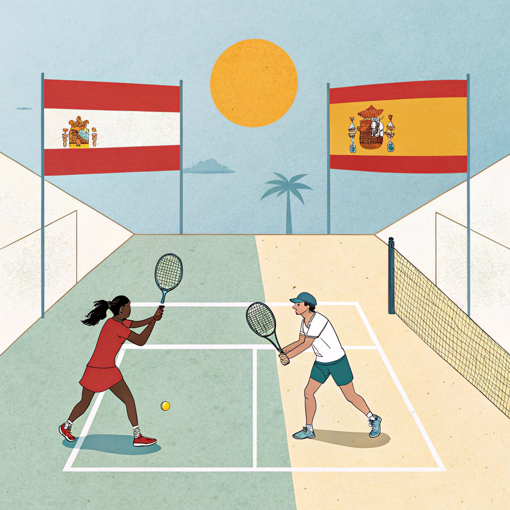 Minimal digital illustration of diverse international padel players engaged in a match