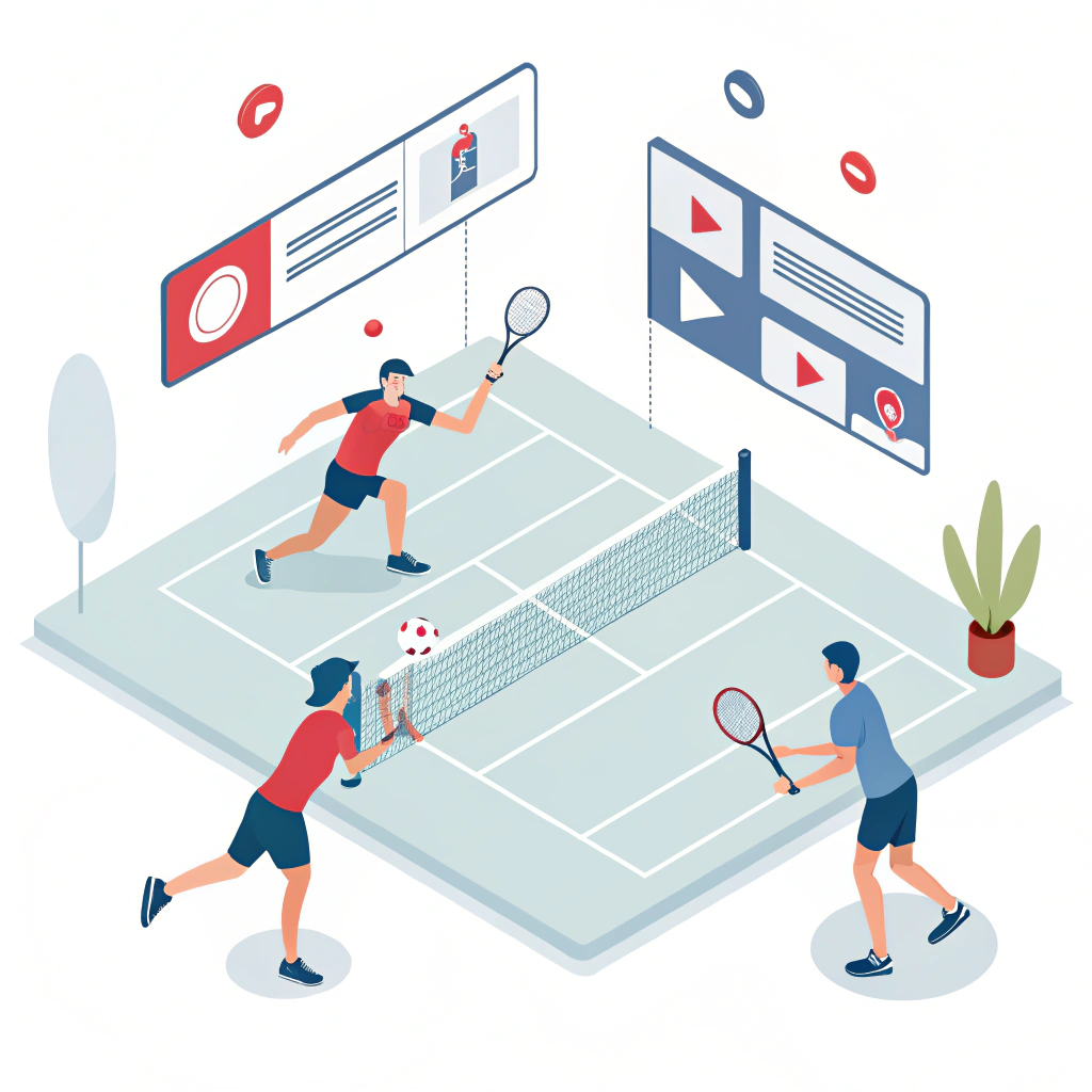 Minimalist 2D art of a dynamic padel event with digital streaming elements