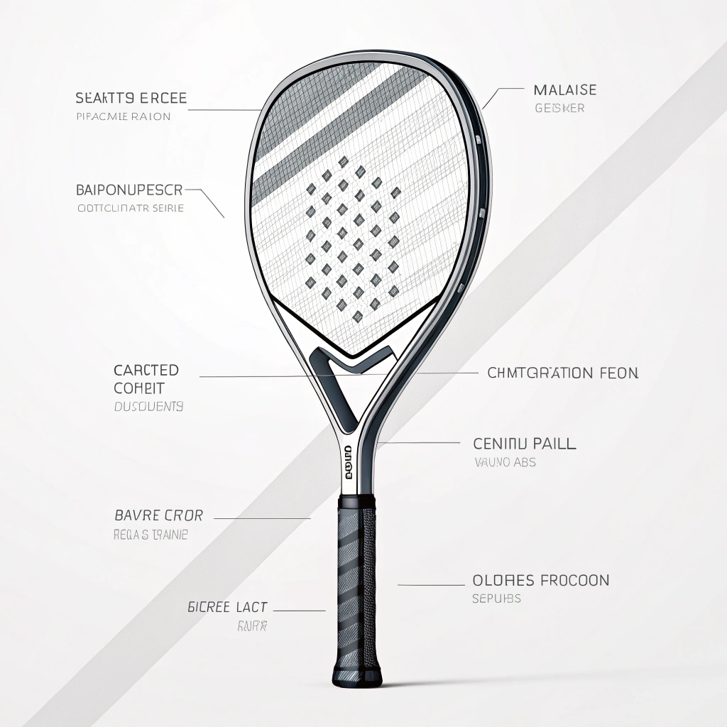 "Elegant 2D minimalist illustration of a futuristic layered carbon fiber padel racket."