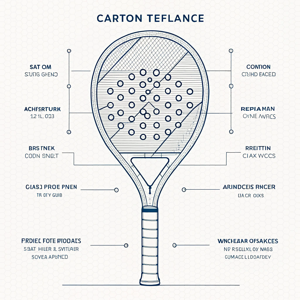 A minimal 2D illustration of a padel racket blueprint highlighting technical design and carbon fiber details.