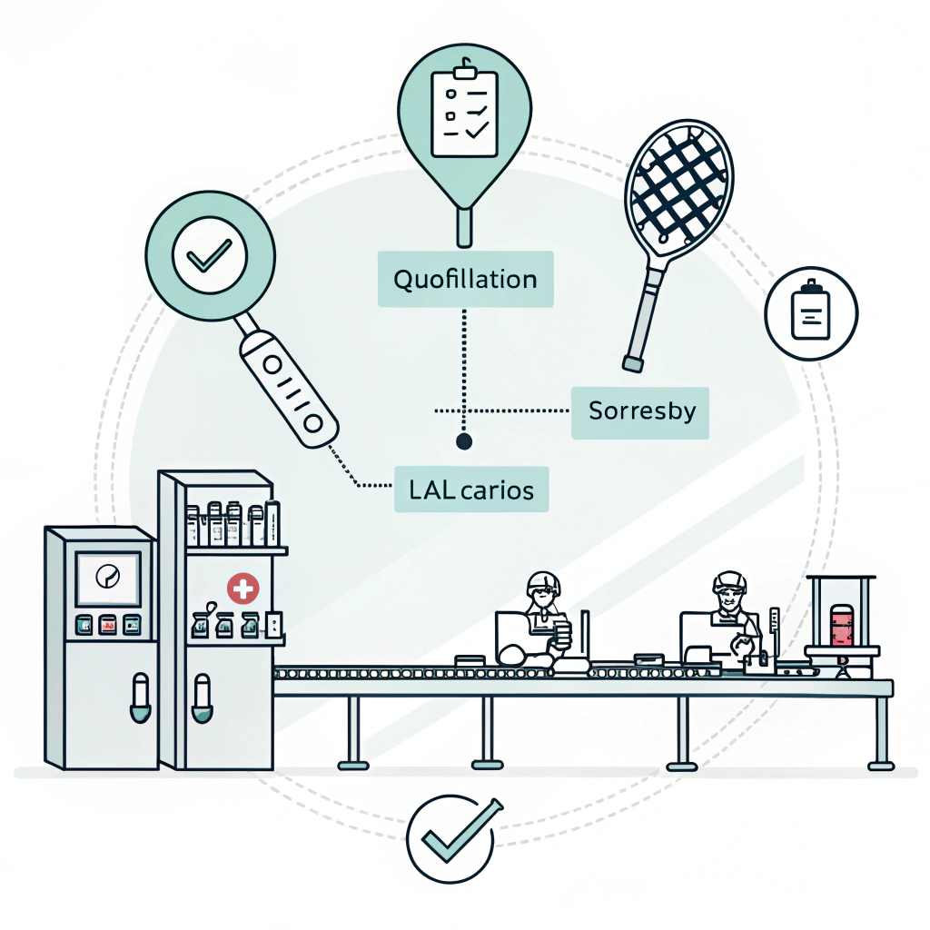 Flat style illustration of padel racket production line with lab testing sensors