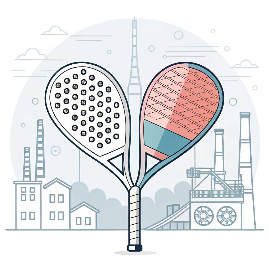 A minimalist padel racket design showcasing contrasting fiberglass softness and carbon fiber strength in an industrial style.