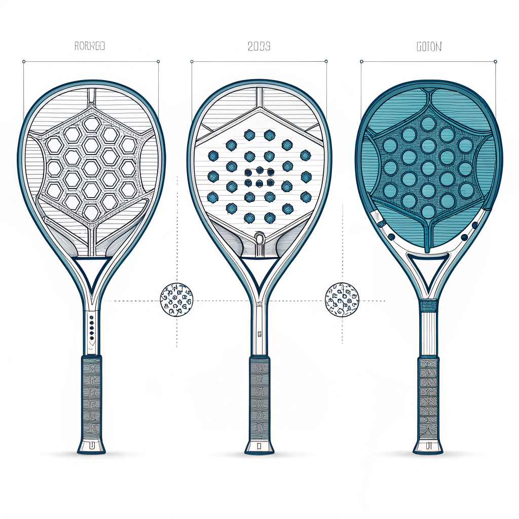 A clean 2D illustration of futuristic padel rackets with innovative carbon fiber textures and geometric forms