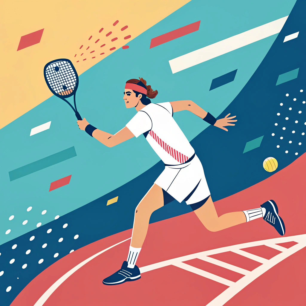 Minimalist 2D illustration of an elite padel player in a vibrant tournament scene