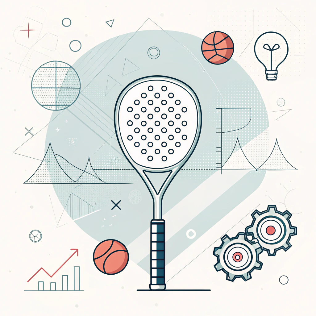 Minimalistic 2D illustration of an advanced padel racket with abstract technical elements.
