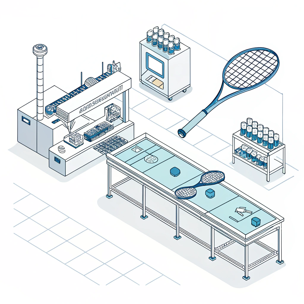 Minimalist illustration of a high-tech padel racket production line with advanced materials.