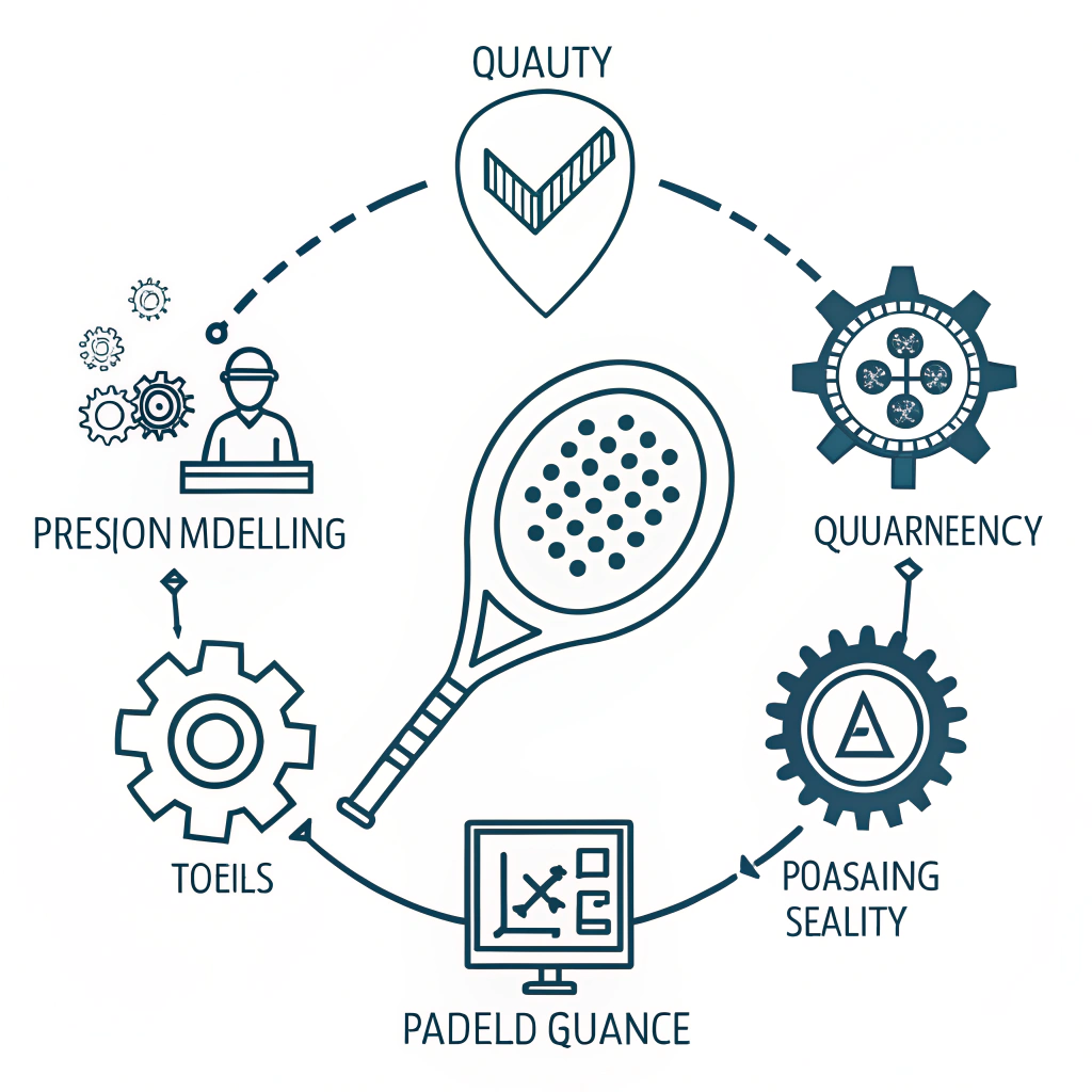 Minimalist illustration of quality assurance and engineering in padel paddle production