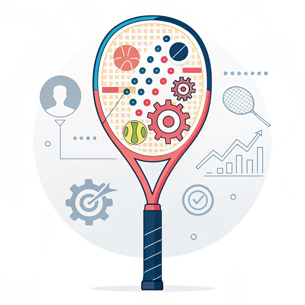 Minimalist illustration showing a customizable padel racket with vibrant design elements