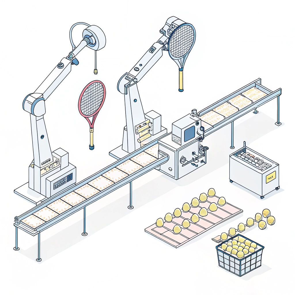 Minimalist 2D illustration of an advanced padel racket production line.