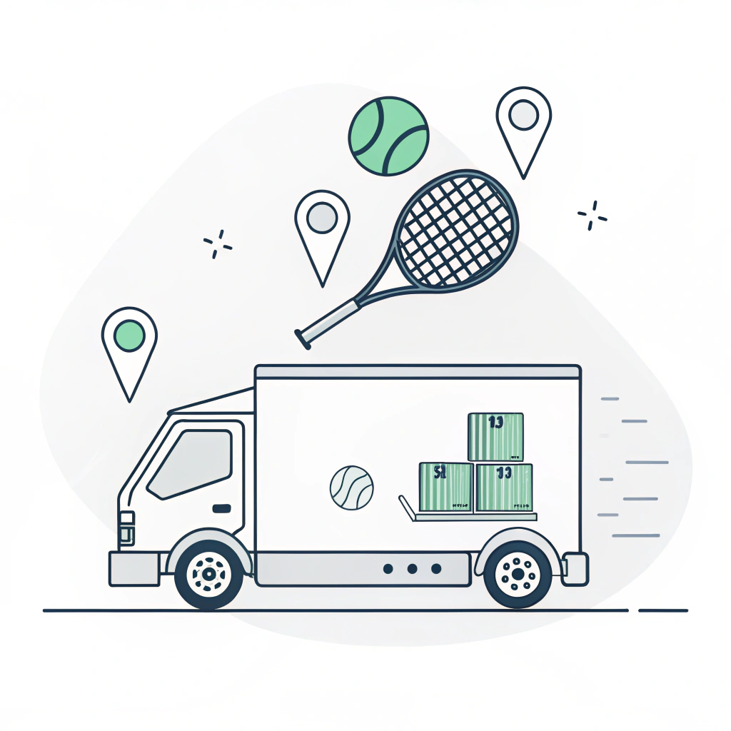 Flat minimal illustration of a delivery truck and padel rackets symbolizing efficient logistics.