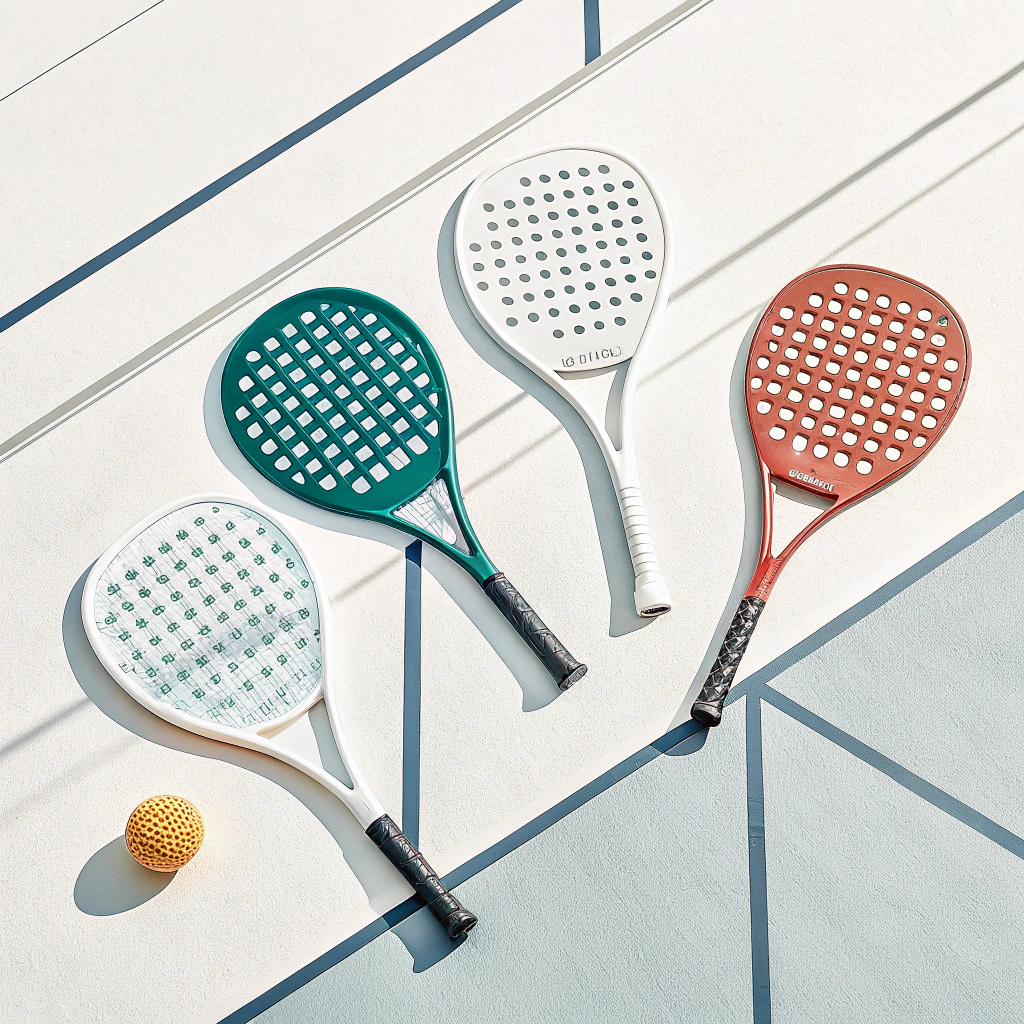 Minimal illustration of diverse padel rackets symbolizing competition
