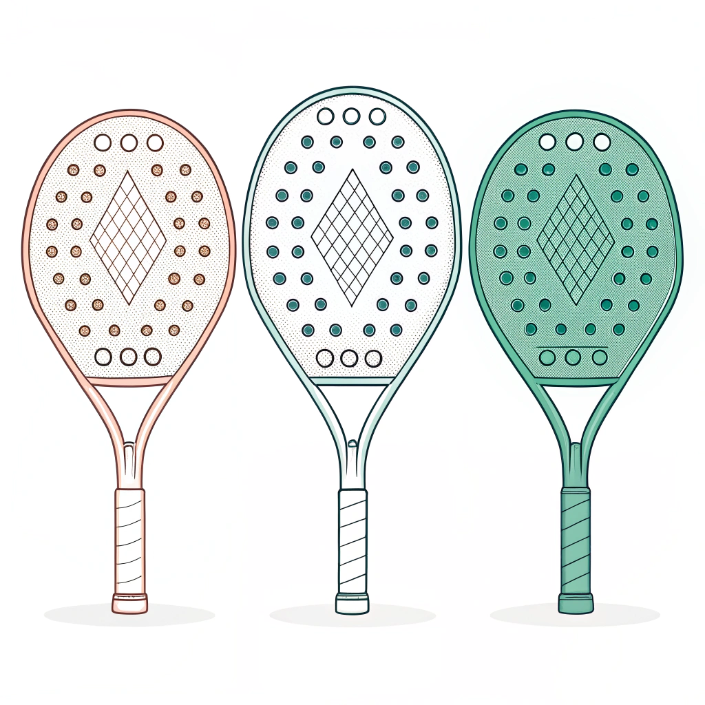 Minimal illustration of three distinct padel racket shapes in simple style
