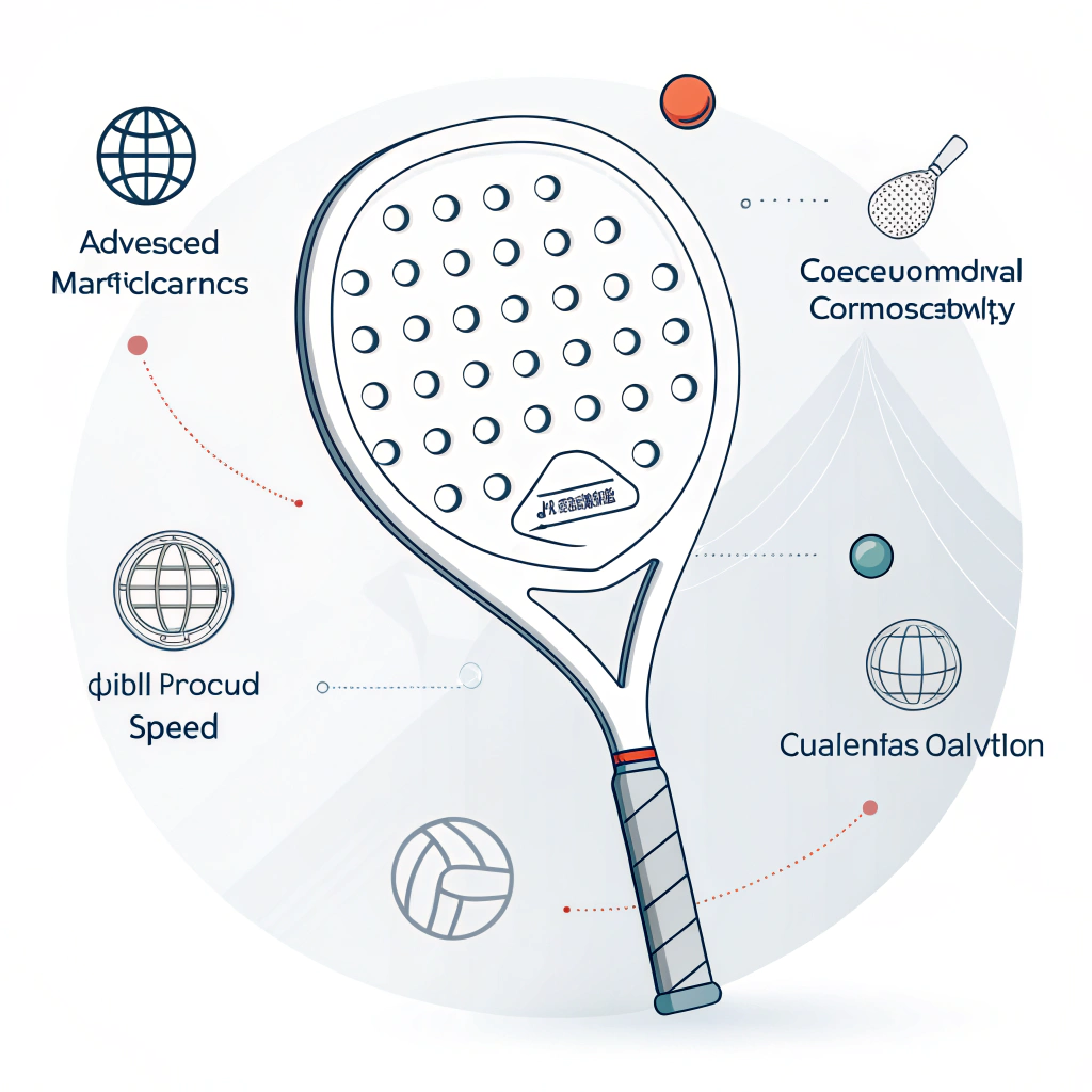 Minimalist 2D illustration of a sleek padel racket with subtle tech and global design accents.