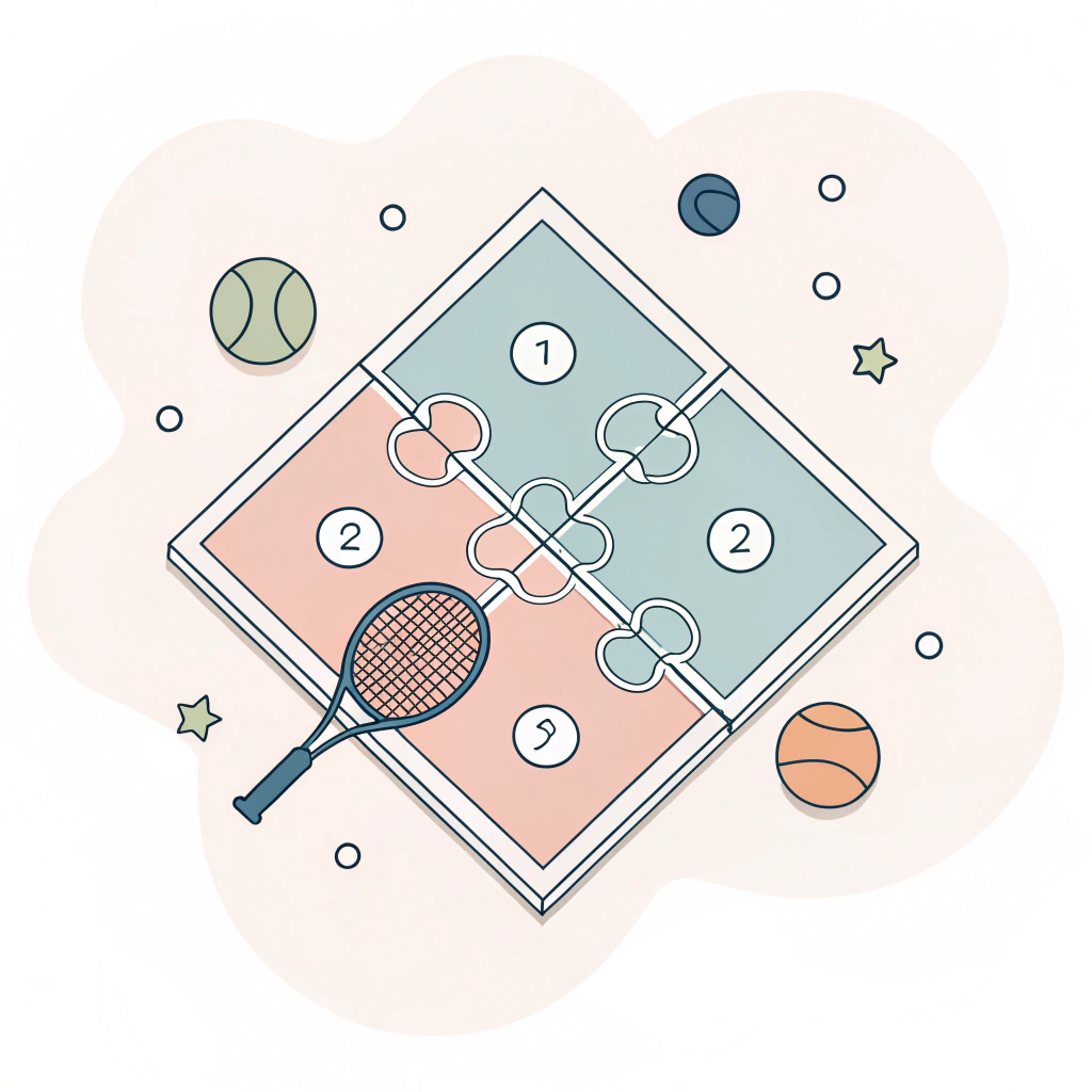 Minimalist flat illustration of an abstract padel court merging puzzle icons for unified standards.