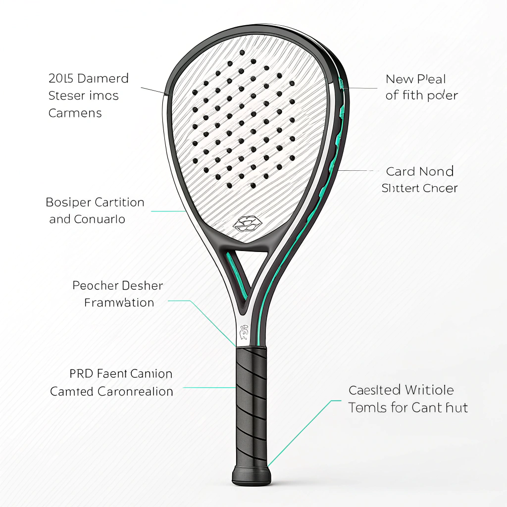 minimal 2D illustration of a futuristic women’s padel racket with sleek carbon fiber style
