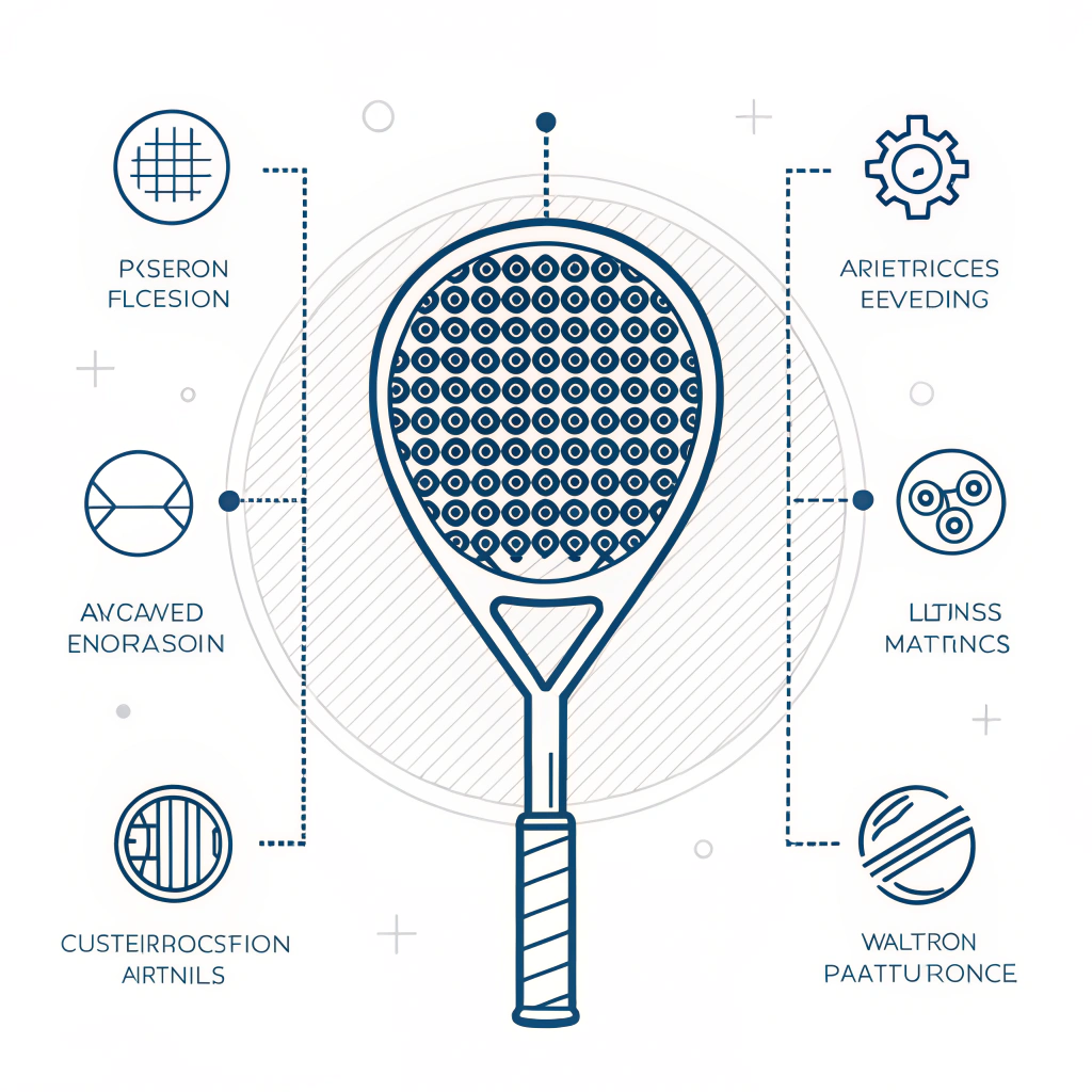 Minimal flat design of a padel racket blueprint with technical icons.
