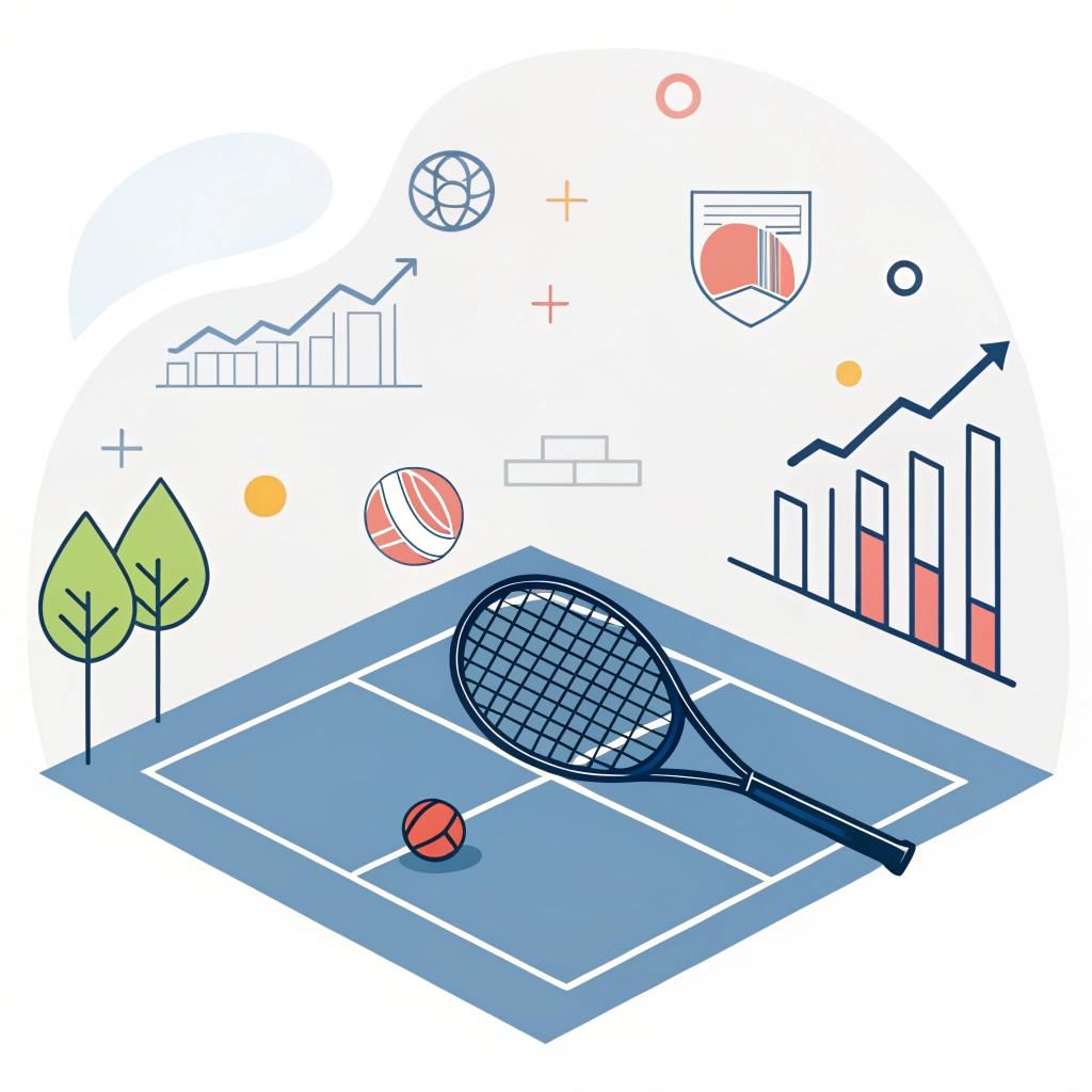 Minimalist 2D padel court illustration with abstract market icons