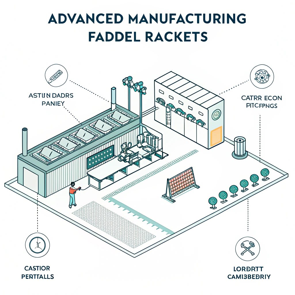 "Minimalist illustration of padel racket production and advanced carbon fiber technology."