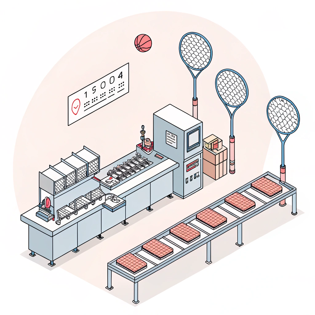 Minimal illustration depicting a streamlined production line with quality control for padel rackets