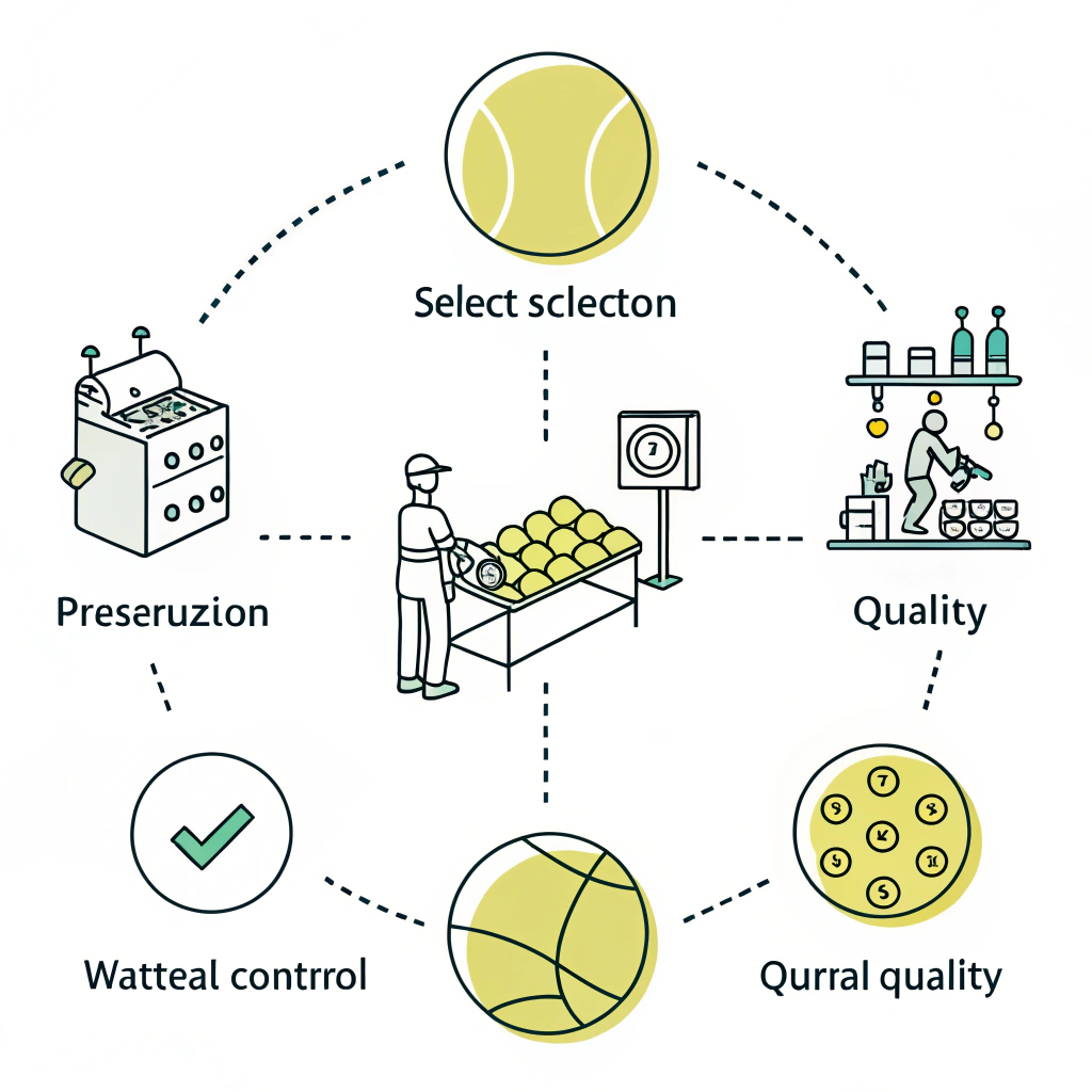Minimalist illustration showing padel ball manufacturing process with quality control icons.