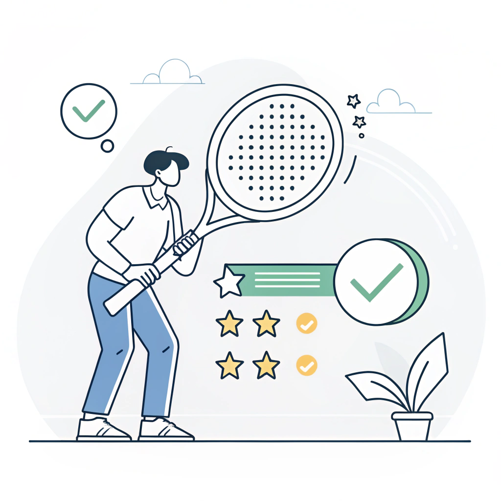 Minimalist 2D illustration of a quality inspection for padel rackets