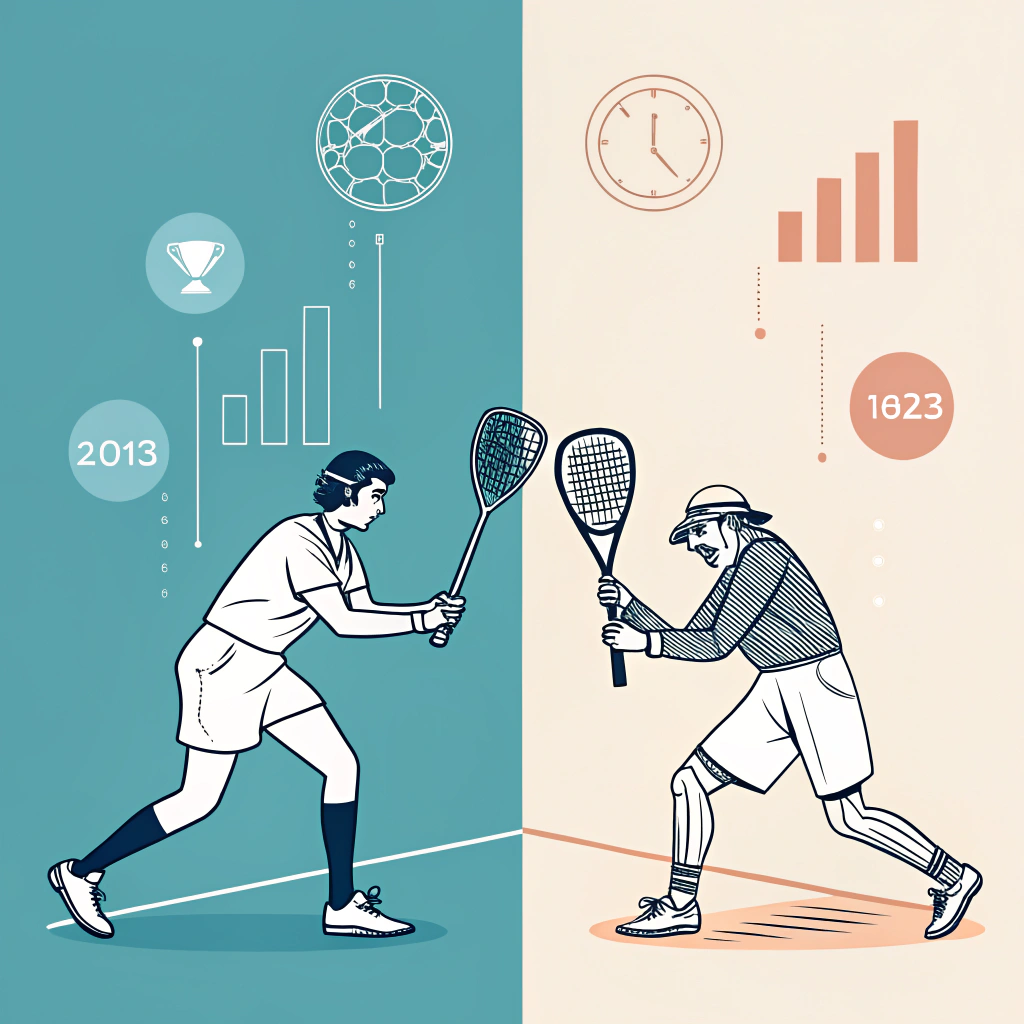 Minimalist 2D illustration comparing modern digital padel elements with traditional legacy design.