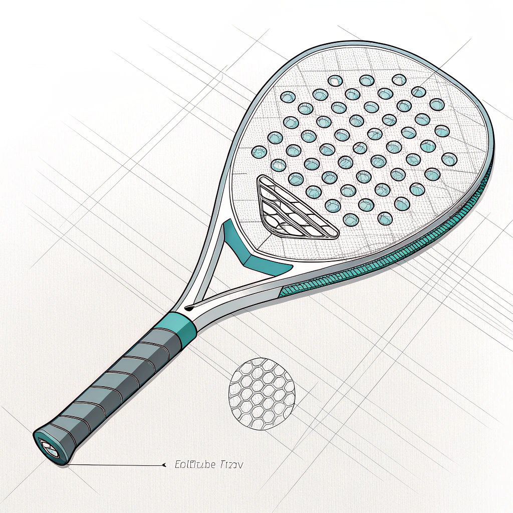 A 2D minimal illustration of a futuristic padel racket with fiber textures and sleek design.