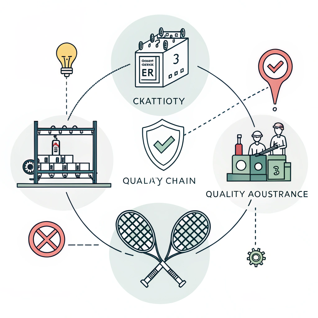 Minimalist 2D artwork illustrating strategic production and supply chain in padel manufacturing