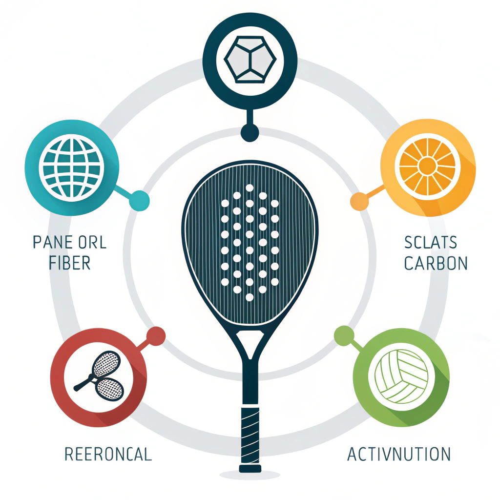Minimal illustration of padel paddle with icons representing diverse materials and production precision