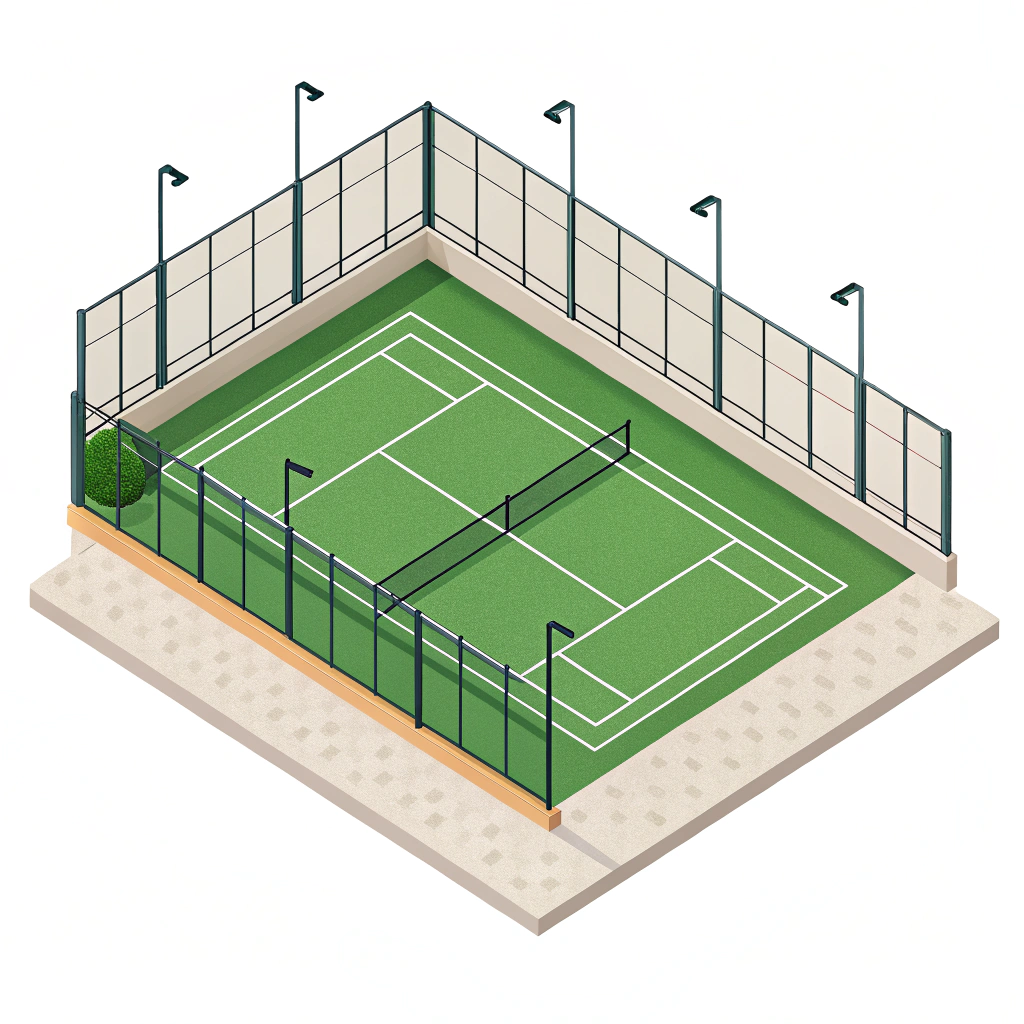 A simplified 2D illustration of a padel tennis court with vibrant artificial turf and clean, geometric layout