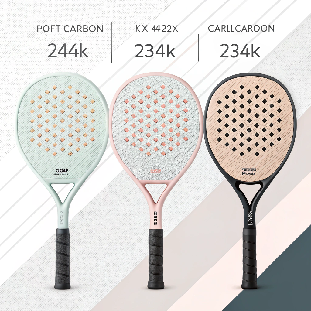 Minimal 2D illustration of three padel rackets showcasing varied carbon fiber textures.