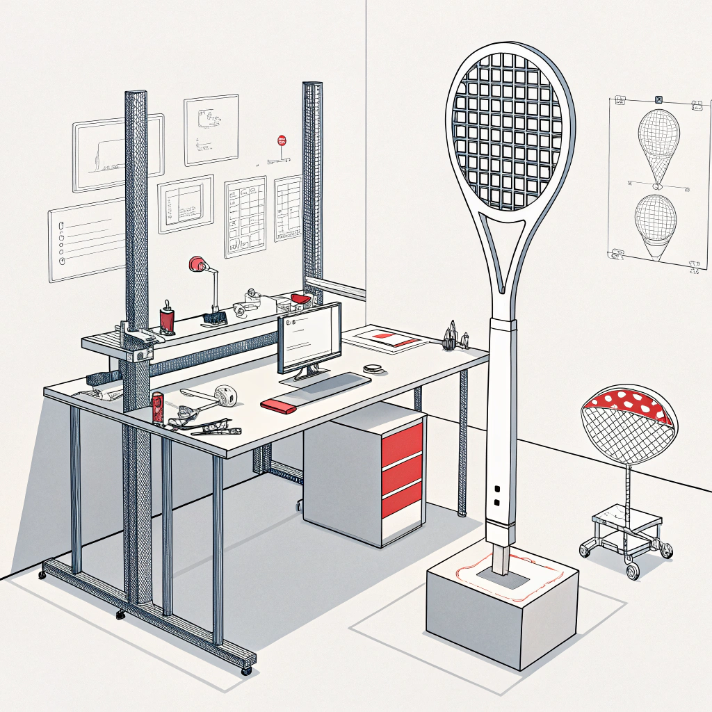 Minimalist design studio showcasing a padel racket prototype in a modern testing environment.