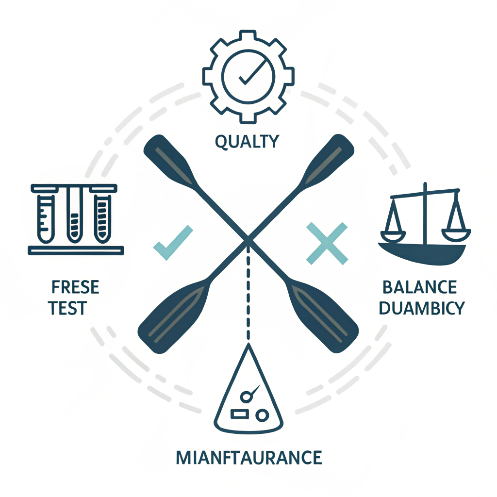 Minimalist flat design illustration of quality control and testing in paddle manufacturing