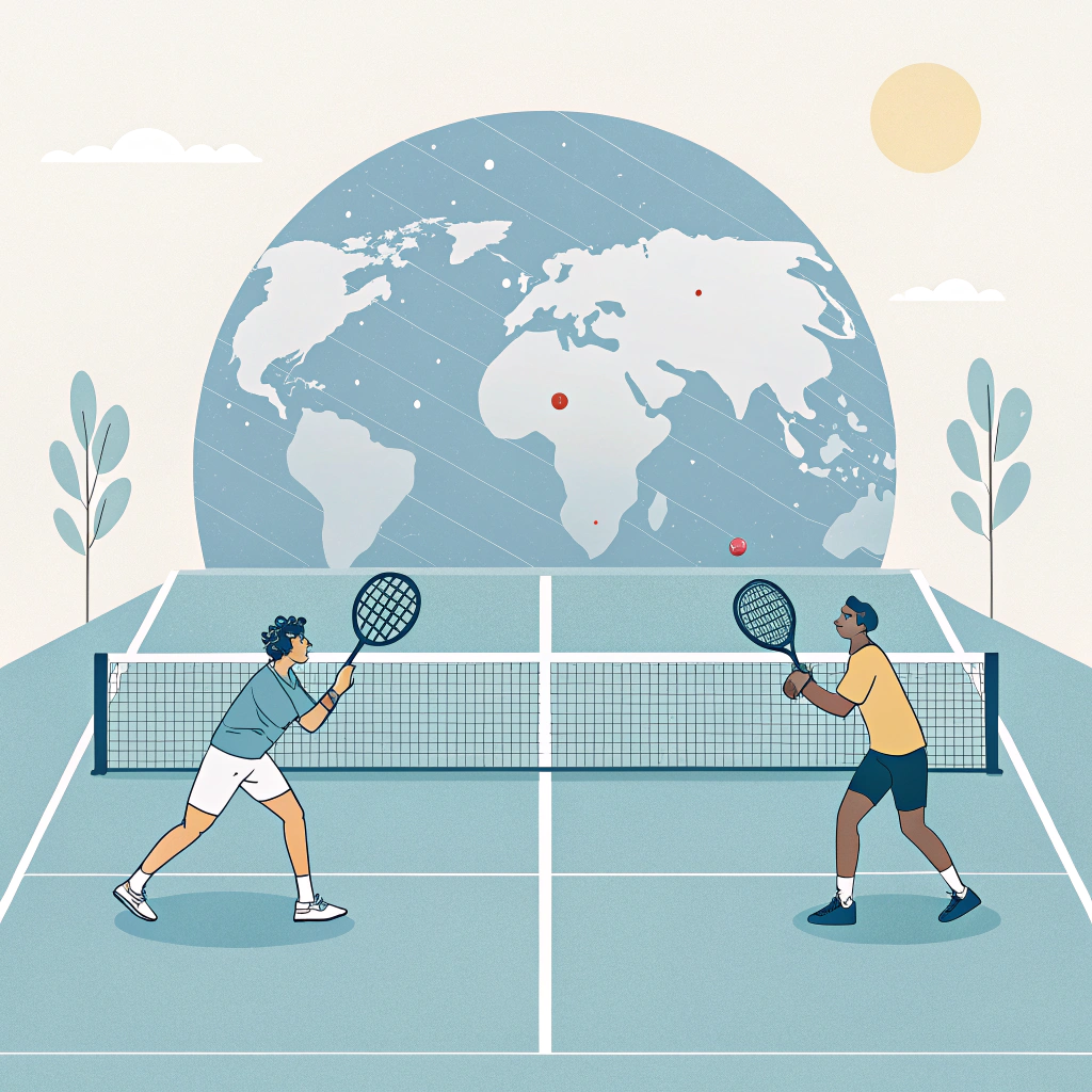 Minimal digital art showing international padel players with a symbolic glowing globe