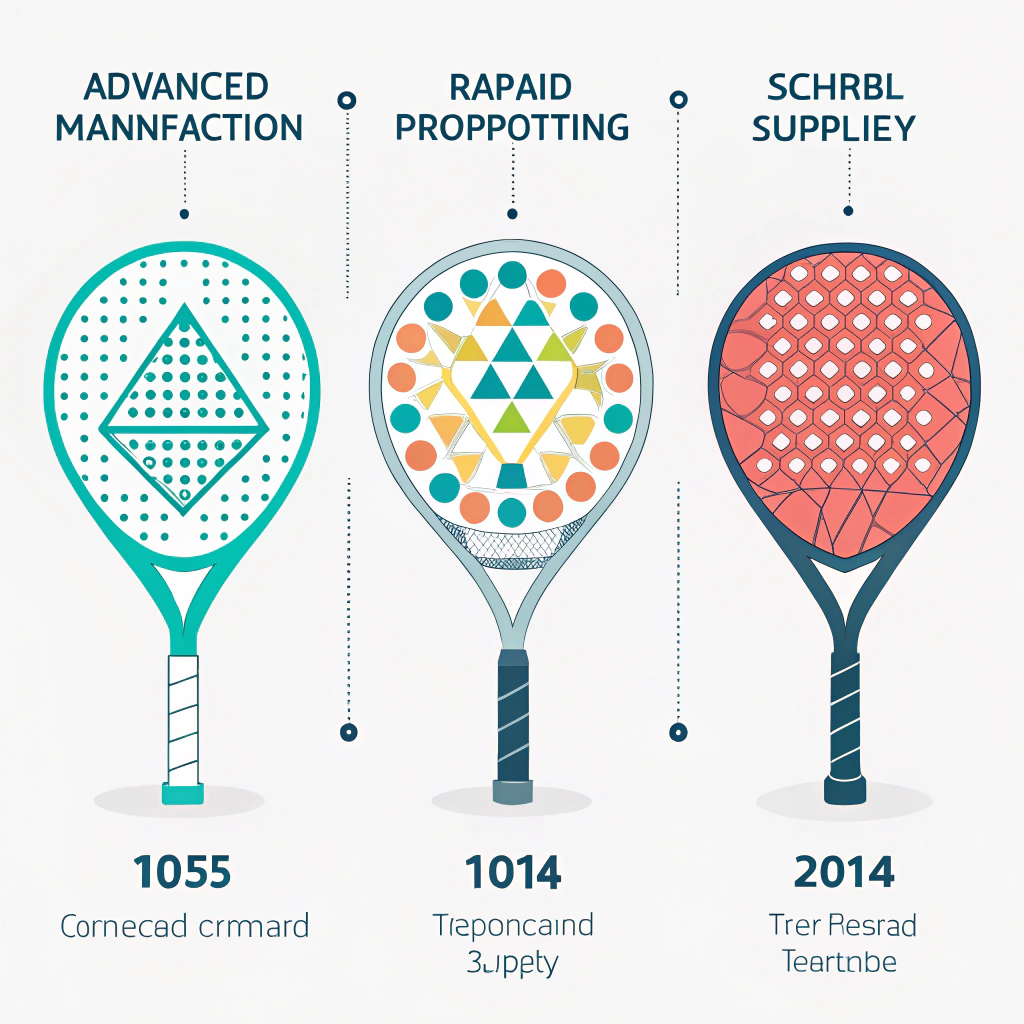 2D illustration of abstract padel rackets in a modern, minimalist design featuring geometric production elements.