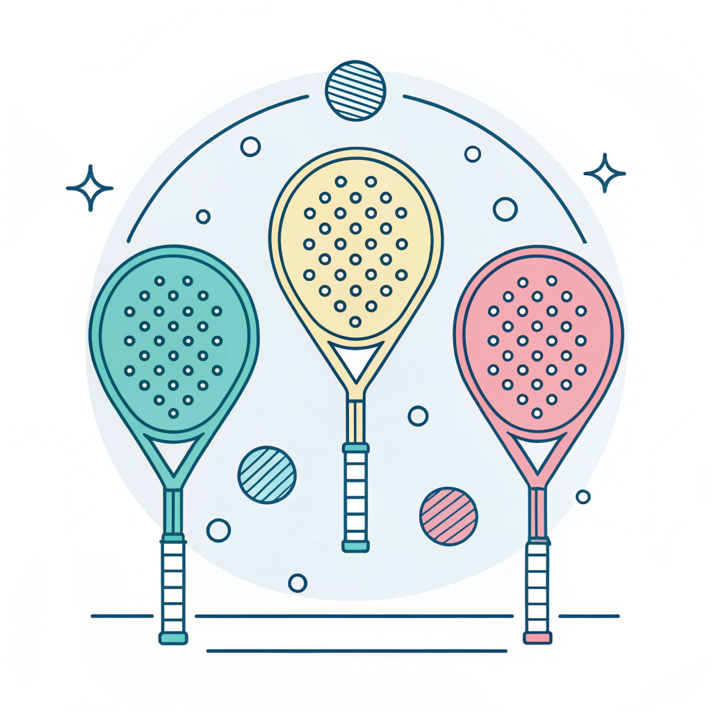 Minimalistic illustration of three different padel racket shapes in clean vector style