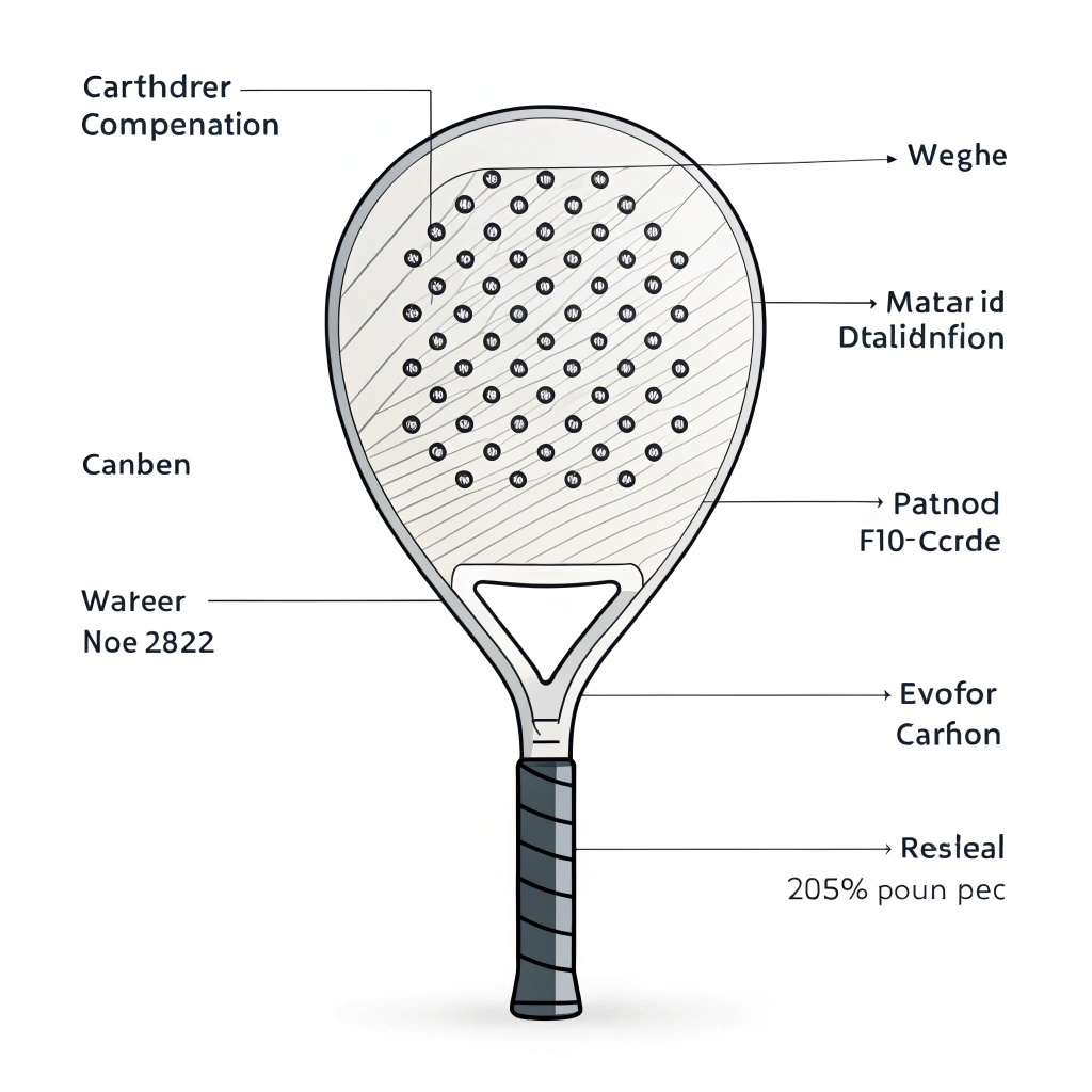 Minimal 2D illustration of a padel racket highlighting weight distribution and material textures
