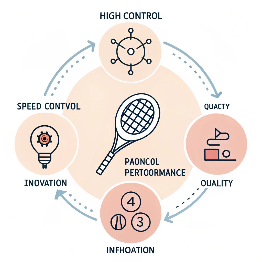 Minimalist 2D illustration with abstract icons representing speed and quality in padel equipment.
