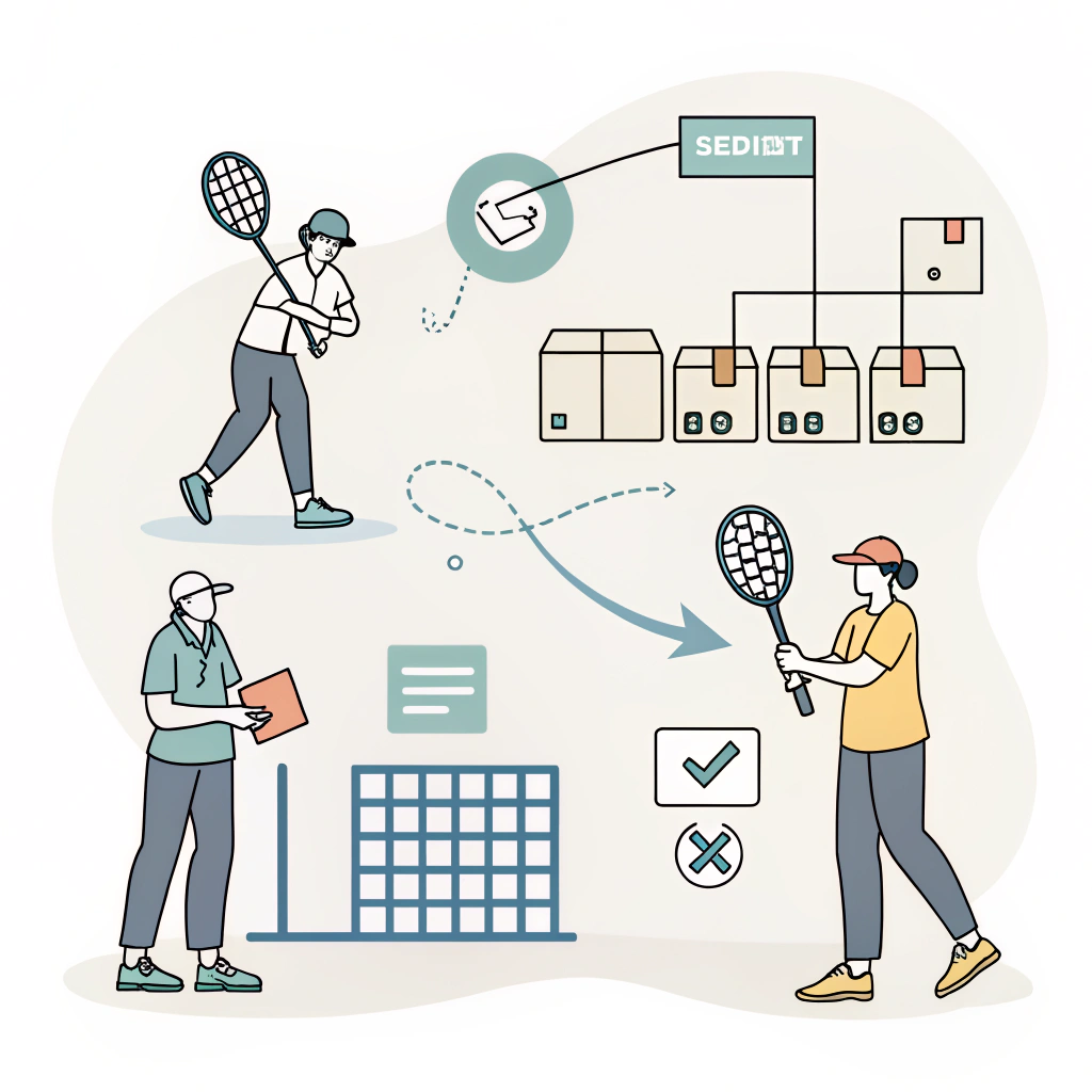 minimalist 2D vector art depicting supply chain optimization at a padel summit