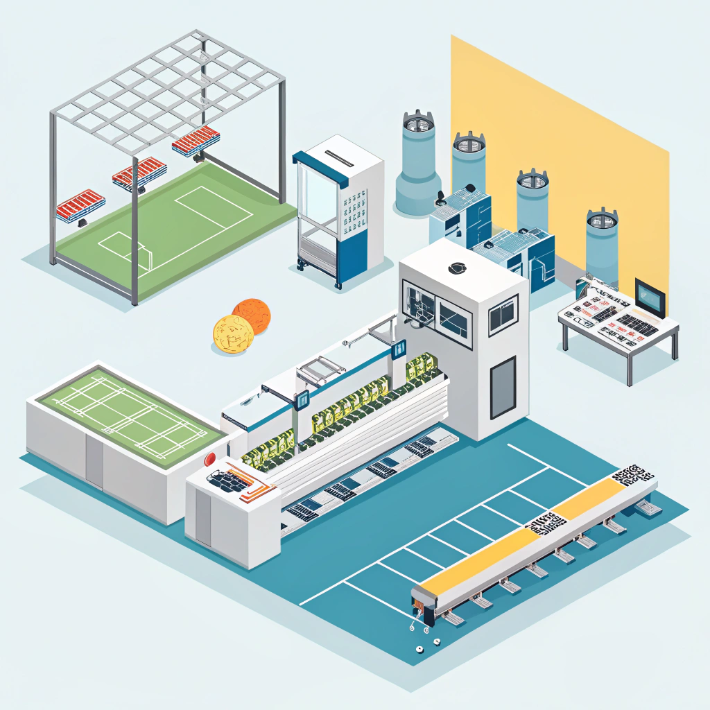 2D minimalist illustration of advanced machinery producing padel rackets