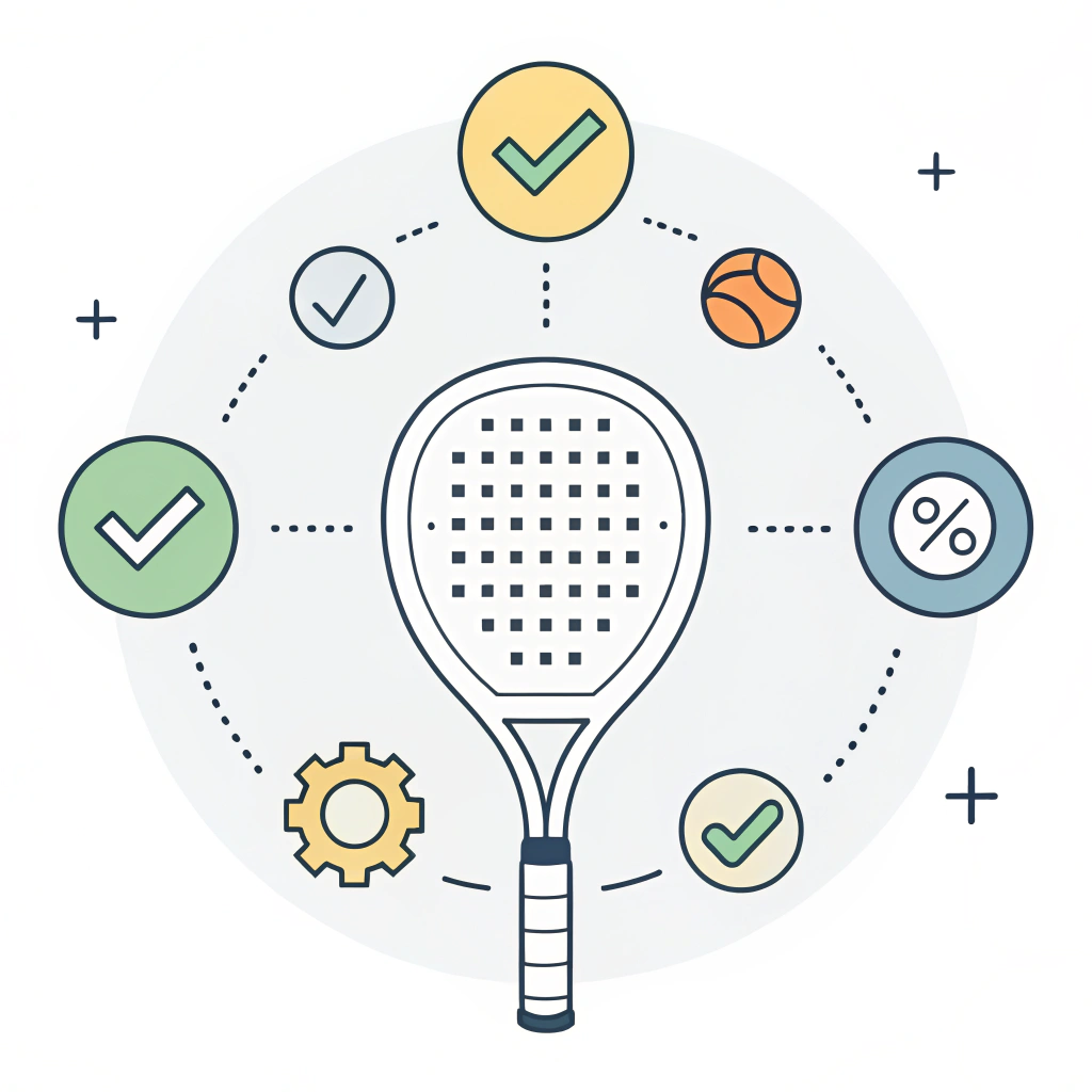 Simple flat design illustration of a padel racket with decision-making symbols