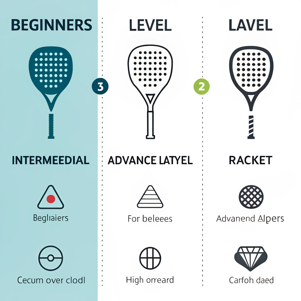 Minimalistic infographic showing padel racket features for different player levels.