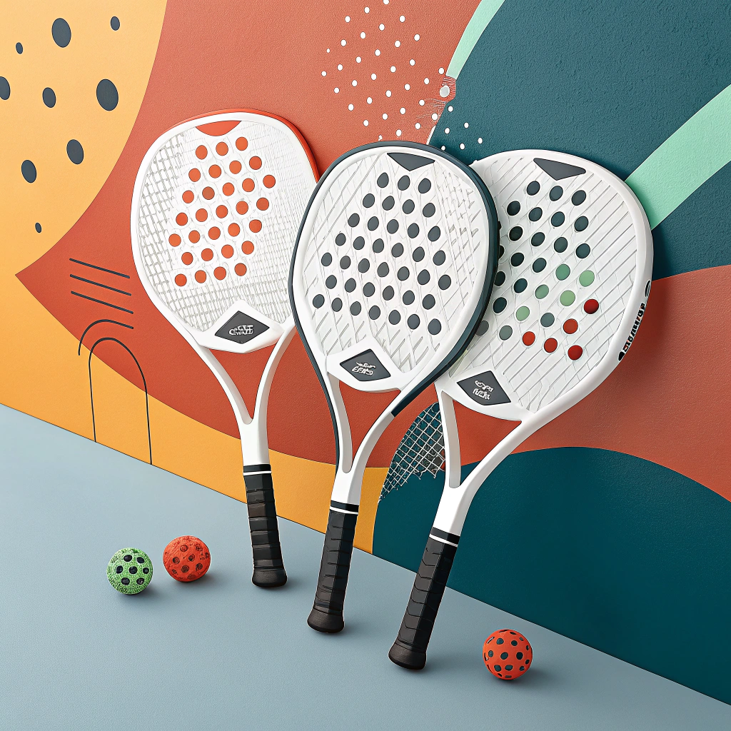 Minimalist depiction of custom padel rackets in an artistic, vibrant arrangement highlighting innovation.